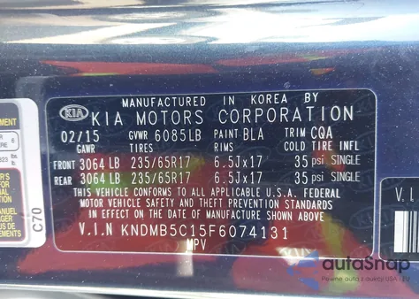 2015 Kia Sedona Lx из США, поврежденный, VIN KNDMB5C15F6074131